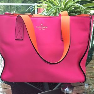 kate spade neon pink and orange leather bag.